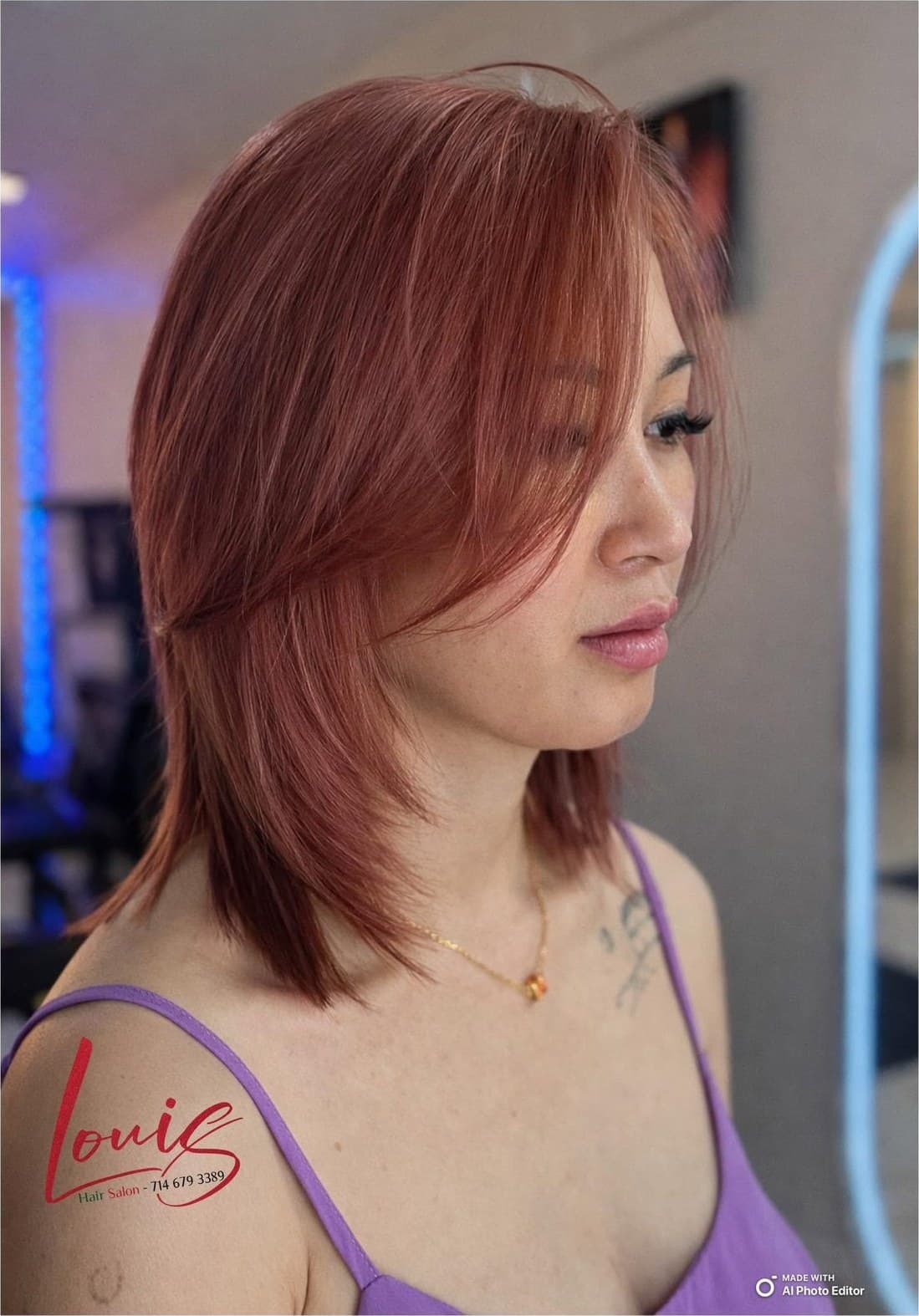 Layered copper red cut with face-framing fringe