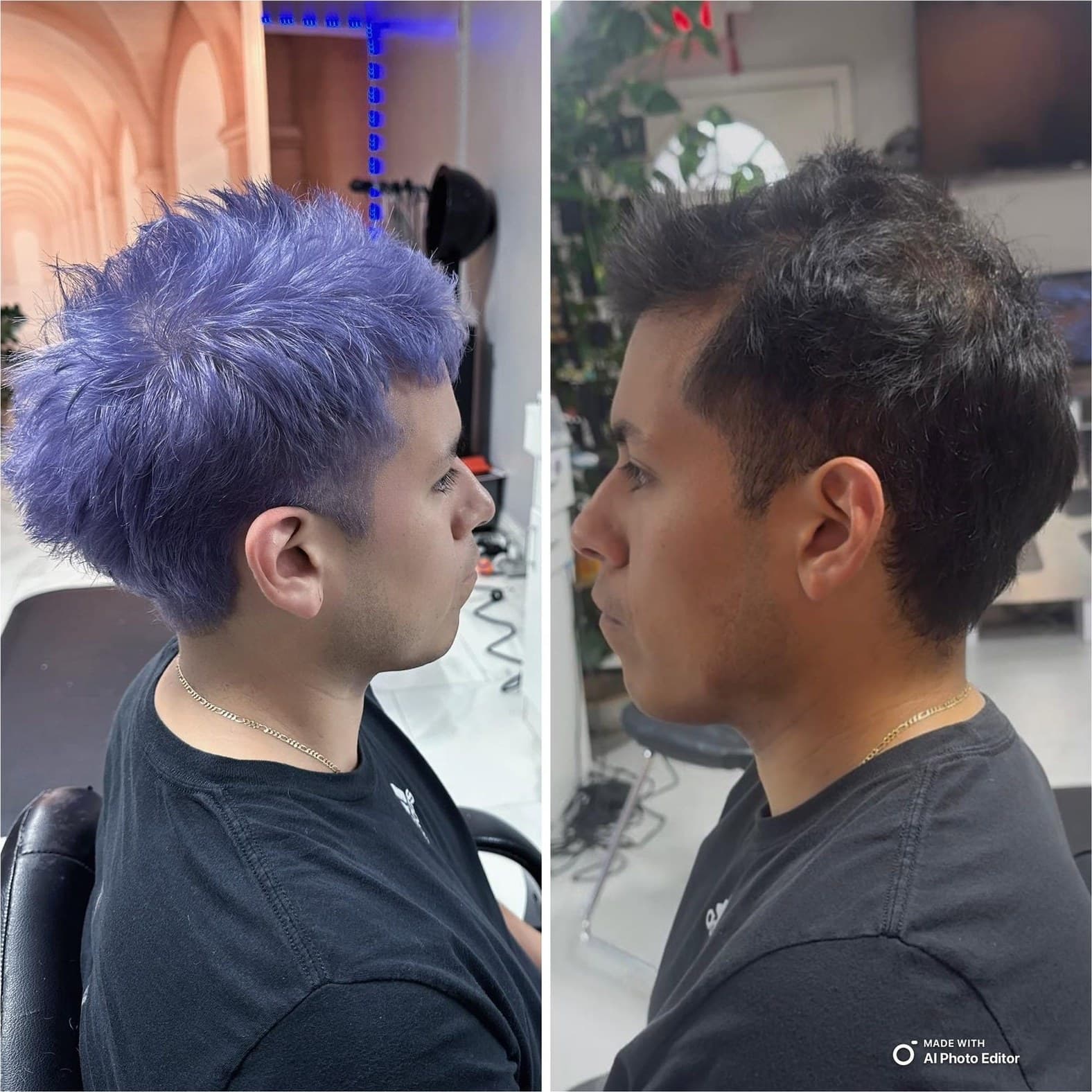 Men's textured crop, before in periwinkle and after in natural black